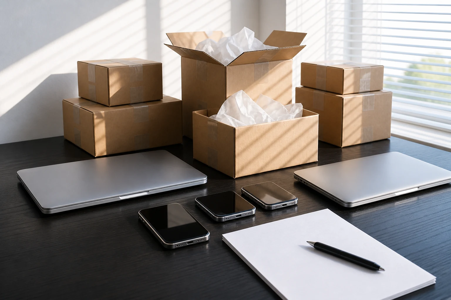 Laptops, teléfonos y cajas de envío sin marca preparados para consultas mayoristas